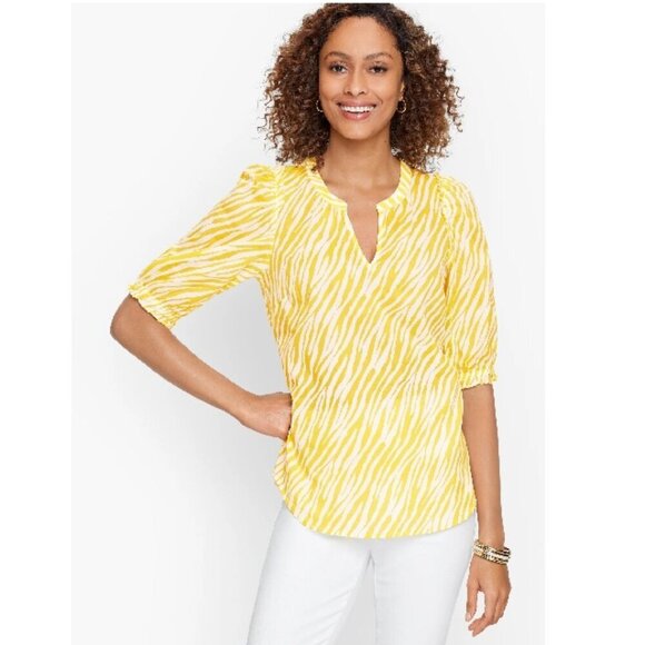 Like New Talbots Ruffle Trim Top - Yellow Striking Zebra Size L - Picture 1 of 6